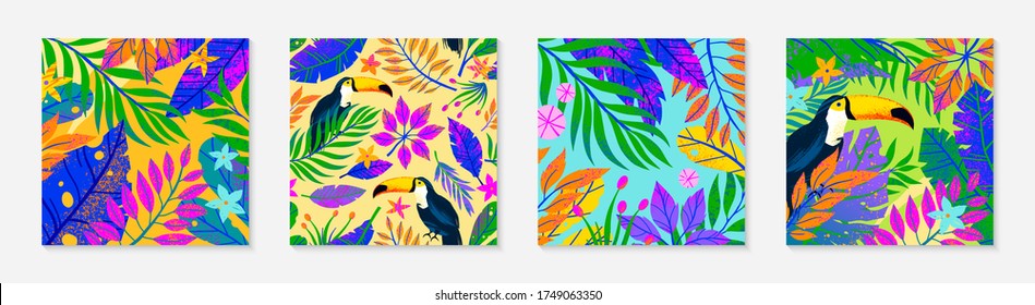 Bundle of summer vector illustrations and pattern.Tropical leaves,flowers and toucans.Multicolored plants with hand drawn texture.Exotic backgrounds perfect for prints,banners,invitations,social media