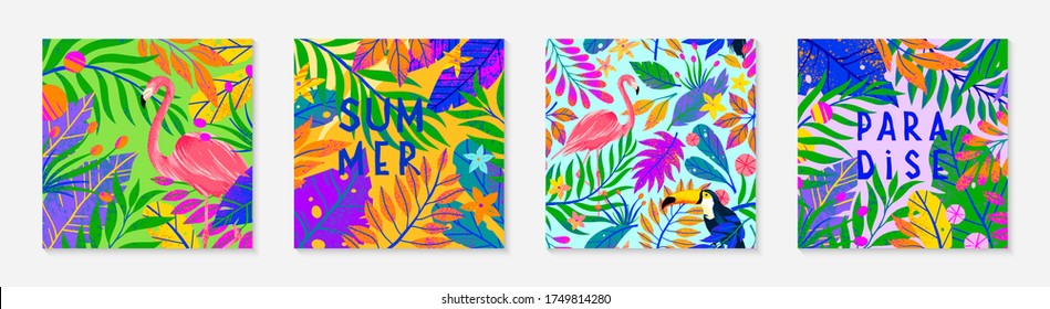 Bundle of summer vector illustrations and pattern.Tropical leaves,flowers,toucan and flamingo.Colorful plants with hand drawn texture.Exotic backgrounds perfect for prints,banners,social media