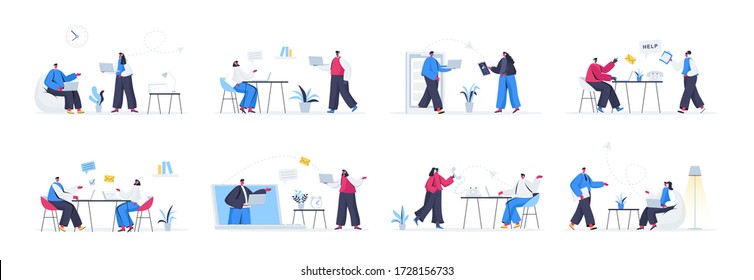 Conjunto de escenas del servicio de soporte. Asistencia al cliente en línea, agencia de telemarketing, consulta al cliente e ilustración vectorial plana de asistencia. Conjunto de centros de llamadas con personajes de personas en situaciones