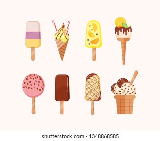 Bundle of sweet ice cream of different types isolated on light background. Set of delicious frozen creamy desserts decorated with chocolate sprinkles, exotic fruits. Flat cartoon vector illustration.