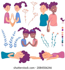 Bundle of  sweet male and female characters  with decorative elements.  Different types of love. Sisters love. Traditional couple. LGBT. Transgender couple. Isolated figures on white background.
