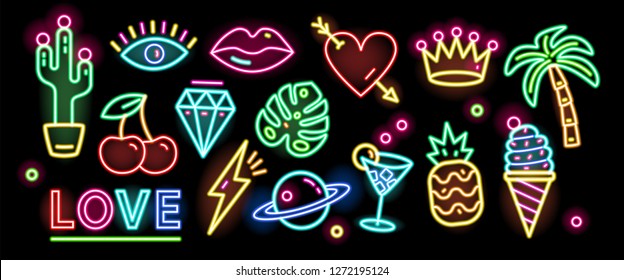 Bundle of symbols, signs or signboards glowing with colorful neon light isolated on black background. Collection of trendy design elements or decorations. Bright colored vector illustration.