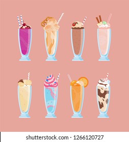 Bundle of tasty milkshakes in glasses with straws. Collection of creamy delicious cocktails decorated with fruits, berries, sprinkles, chocolate syrup. Set of dessert drinks. Flat vector illustration.