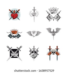 bundle of tatoos images icons vector illustration design