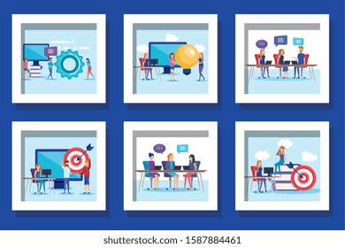bundle of teamwork people and icons vector illustration design