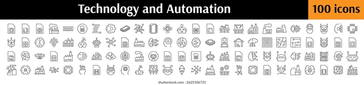 Conjunto de ícones de linha relacionados à tecnologia. Chip, Robô, Fábrica, Sinais de contorno de inteligência artificial para Design Gráfico e Web, Aplicativos, Anúncios, Várias Cartões