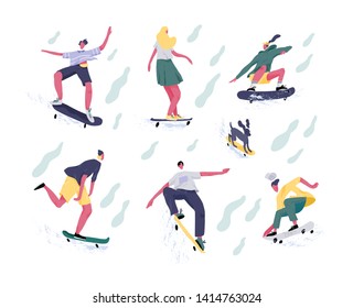 Bundle of teenage boys and girls or skateboarders riding skateboard. Young men, women and dog skateboarding. Male and female cartoon characters isolated on white background. Flat vector illustration.