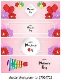 Bundle template design for happy mother's day. Vector illustration in paper cut and craft style. Decoration background with flowers for invitation, cover, banner, advertisement.