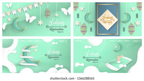Bundle template for Ramadan Kareem with green and gold color. 3D Vector design in paper cut and craft  for islamic greeting card, invitation, book cover, brochure, web banner, advertisement.