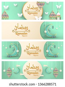 Bundle template for Ramadan Kareem with green and gold color. 3D Vector design in paper cut and craft  for islamic greeting card, invitation, book cover, brochure, web banner, advertisement.