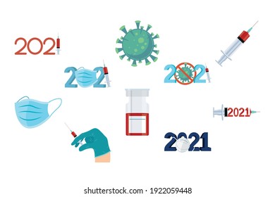 bundle of ten 2021 year numbers and covid19 vaccine set icons vector illustration design