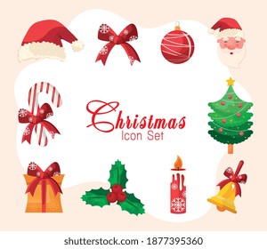bundle of ten happy merry christmas icons and lettering vector illustration design