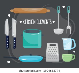 bundle of ten kitchen utensils set icons and lettering vector illustration design