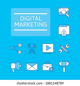 bundle of ten marketing digital set icons and lettering vector illustration design