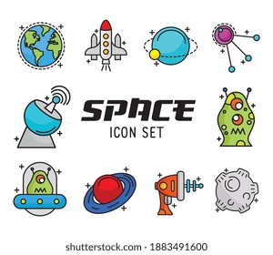 bundle of ten space set line and fill style icons and lettering vector illustration design