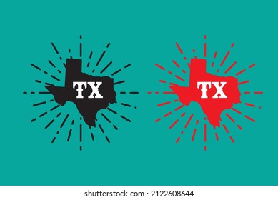 Bundle of Texas abbreviation in red and black color state map with radius inside blue background can be use for coffee mug website template food product label vector eps.