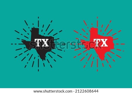 Bundle of Texas abbreviation in red and black color state map with radius inside blue background can be use for coffee mug website template food product label vector eps.