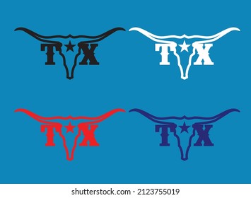 bundle of Texas initials name TX with Texas longhhorn head in 4 color black red white blue can be use for  souvenier product sticker advertisement campaign easy to use vector eps.