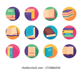 bundle of text books block style icons vector illustration design