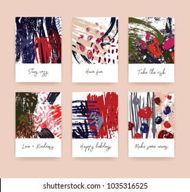 Bundle of textured card or postcard templates with handwritten wishes and abstract hand drawn textures with colorful paint traces, stains, blots, scribble. Creative artistic vector illustration.