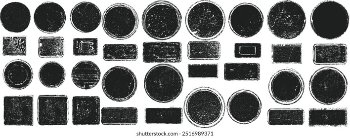 Pacote de selos texturizados .Grunge post selos coleção, Círculos, retângulos, quadrados, ovais, faixas, insígnias, Logos, Ícones, Etiquetas, Emblemas.  Conjunto de texturas de carimbo de vetor.Pacote de formas básicas.