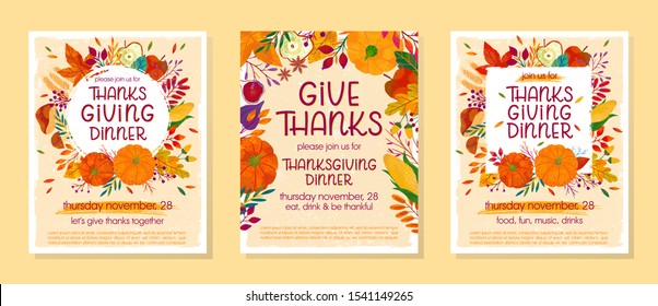 Bundle of Thanksgiving dinner templates with pumpkins,mushrooms,corn,apples,figs,wheat,plants,leaves,berries and floral elements.Holiday invitations design.Trendy autumn vector illustrations.