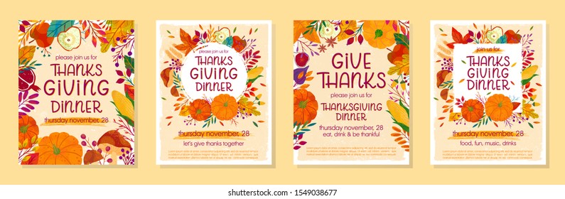 Bundle of Thanksgiving dinner templates with pumpkins,mushrooms,corn,apples,figs,wheat,plants,leaves,berries and floral elements.Holiday invitations design.Trendy autumn vector illustrations.