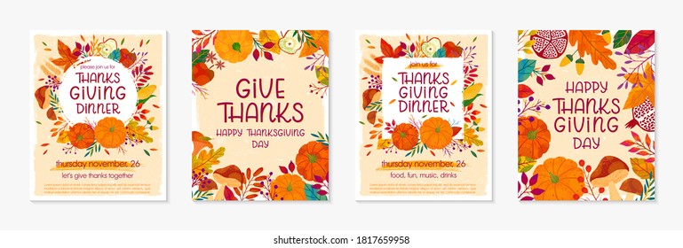 Bundle of Thanksgiving dinner templates with pumpkins,mushrooms,corn,apples,figs,wheat,plants,leaves,berries and floral elements.Holiday invitations design.Trendy autumn vector illustrations.