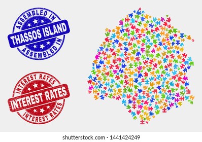 Bundle Thassos Island map and blue Assembled stamp, and Interest Rates textured seal stamp. Colored vector Thassos Island map mosaic of plugin units. Red round Interest Rates stamp.