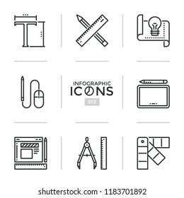 Bundle of thin line icons or linear pictograms - tools and equipment for graphic design, web and digital designer, drawing. Creative vector illustration for website, web application, presentation.