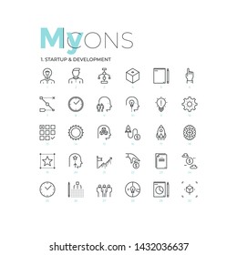 Bundle of thin line pictograms or linear web symbols - company's growth, startup progressive development, strategic planning, business indicators. Modern vector illustration for website, presentation.