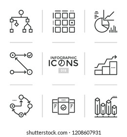 Bundle Of Thin Line Pictograms Or Symbols - Flowchart, Cyclical Diagram, Square Matrix And Comparison Chart. Modern Vector Illustration For Statistical Or Financial Analysis, Business Analytics.