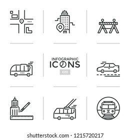 Bundle of thin line pictograms or symbols - public and private transport, modern transportation, city streets planning and development. Vector illustration for brochure, presentation, website.