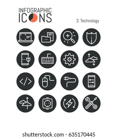 Bundle of thin line technology icons: software development, mobile security, cloud services, data storage, information protection, modern devices. Vector illustration for website, web page, brochure.