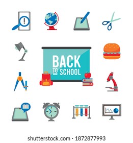bundle of thirteen back to school set icons with lettering vector illustration design