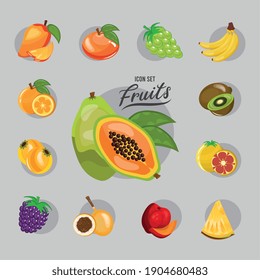 bundle of thirteen fresh fruits set icons and lettering vector illustration design