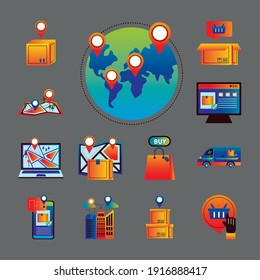 conjunto de trece conjuntos de servicios de entrega en línea iconos de ilustración vectorial