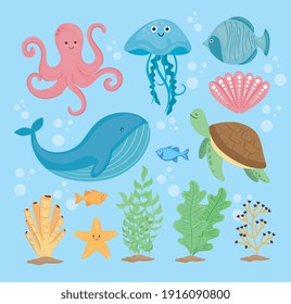 bundle of thirteen underwater world set icons vector illustration design