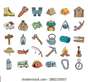 Bündel von dreißig Camping-Set-Linien und Füllzeichen Vektorgrafik-Design
