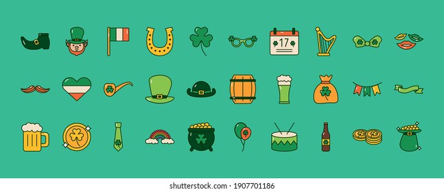 bundle of thirty saint patricks day set icons vector illustration design