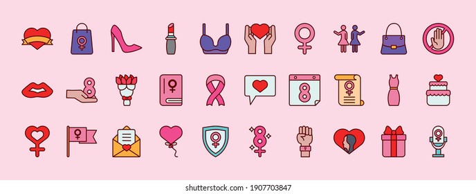 conjunto de 30 iconos de conjuntos de días femeninos diseño de ilustraciones vectoriales