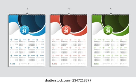 Bundle of three abstract gradient wall calendar 2024, 2025 and 2026 designs, week starting Monday. Clean, elegant white background and luxury concept, perfect for home school college and office