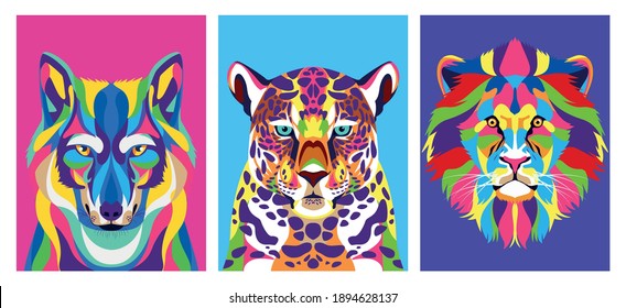 bundle of three animals wild life technicolor vector illustration design