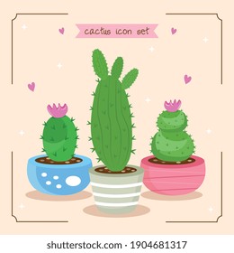 bundle of three cactus plants and lettering set icons vector illustration design