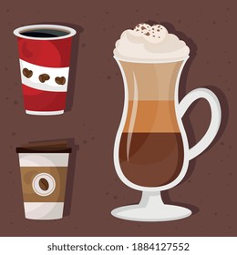 bundle of three coffee delicious drink set icons vector illustration design