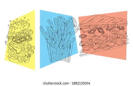bundle of three fast food set drawn icons vector illustration design