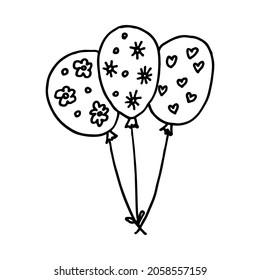Conjunto de tres globos de vacaciones en forma de doodle con corazones, flores y estrellas impresas. Ilustración dibujada a mano. Feliz cumpleaños. 