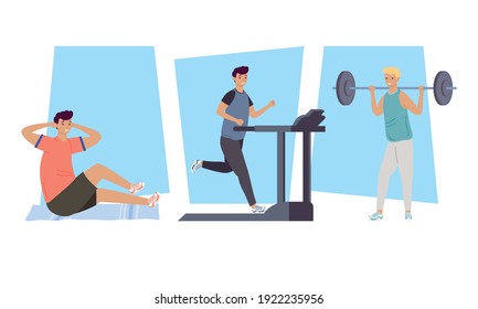 bundle of three men practicing fitness sports characters vector illustration design