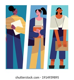 bundle of three women different professions characters vector illustration design