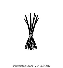 Bundle of tied fresh lemongrass stalks isolated on white background